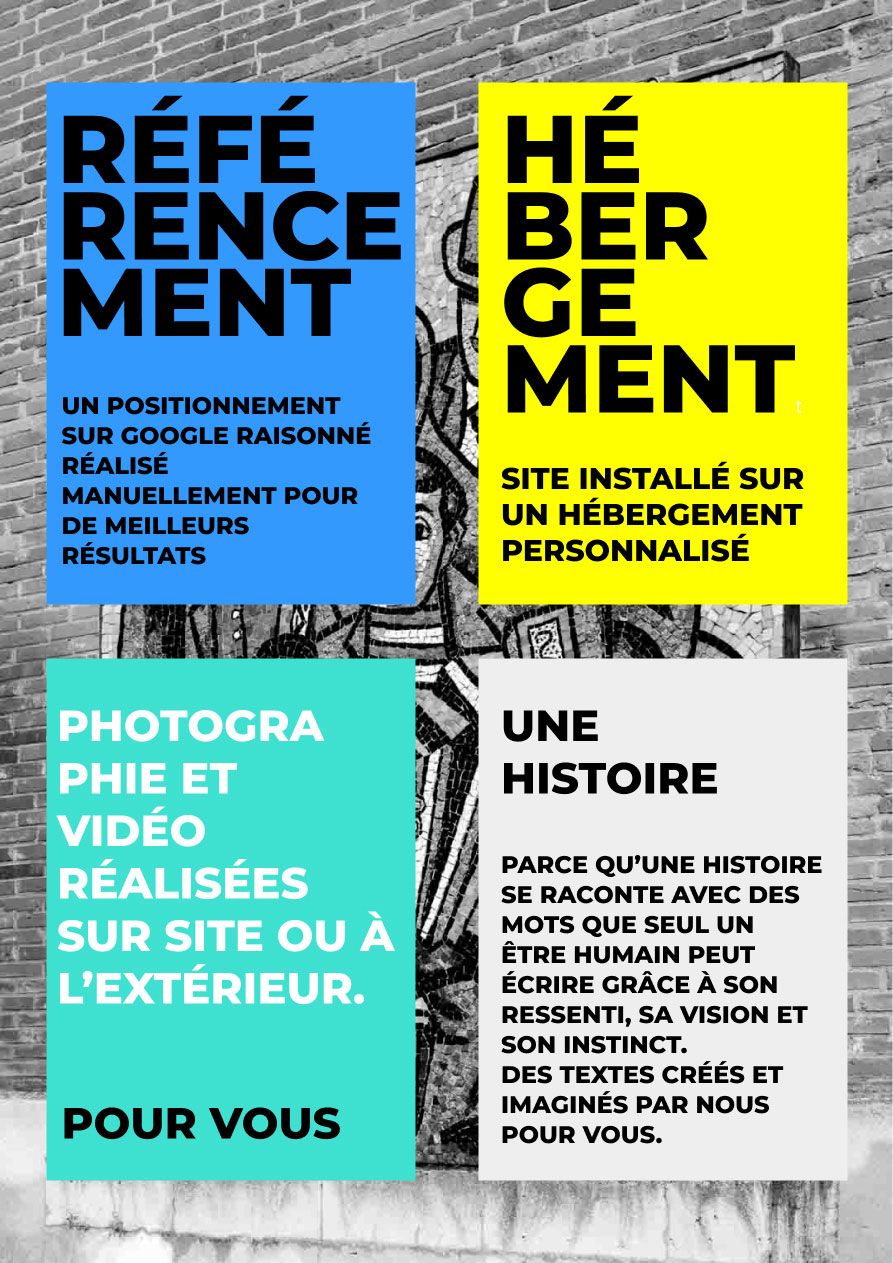 services de référencement, hébergement, maintenance, rédaction de texte,  séance de photographie et production de vidéo